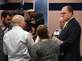 Windsor Mayor Drew Dilkens speaks with reporters after Windsor city council on April 10, 2017 in Windsor, Ont.