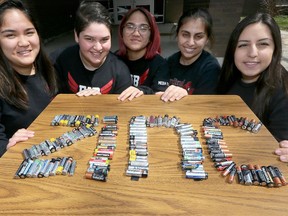 F.J. Brennan students Therese Lasala, left, Gabriel Ellepola, Lourdes Lasala, Sabrina Binjamin and Kiala Yousif will be donating about 15,000 disguarded batteries in order to supply Kenyan kids with zinc supplements.