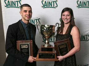 Stefan Milidrag and Alexa Georgiou won the Al Hoffman Athlete of the Year Award for Outstanding Academic and Scholastic Achievement during the St. Clair College Athletic Awards held Wednesday at the St. Clair Centre for the Arts in Windsor.