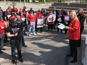 Terry Weymouth, Unifor national skilled trades co-ordinator, speaks during an event to mark Equal Pay Day on the anniversary of women's suffrage in Canada. The event was held at Charles Clark Square in downtown Windsor on April 12, 2017.