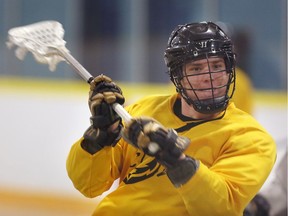 Windsor Clippers Noah Bushnell prepares for the Ontario Lacrosse Association junior B season opener at Forest Glade Arena Tuesday April 25, 2017.