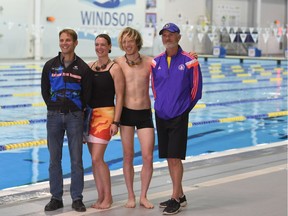 Jeramie Carbonaro, left, Lindsay Cole, Tom Fancsy, and Robert J. Grondin, gathered at the Windsor International Aquatic and Training Centre, are among the dozens of local runners set to compete at the Boston Marathon.