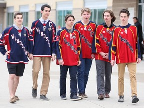 Local hockey players Aaron Shaw, left, Adam Jeffery, Stephane Crevier, Stefan Dobrich, Aidan Pitre and Luc Warnock, right, seen here on April 3, 2017, are eligible for the OHL draft.