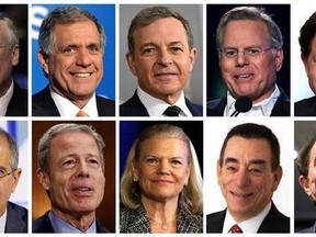 This photo combination of images shows the top 10 highest paid CEOs in 2016, according to a study carried out by executive compensation data firm Equilar and The Associated Press. On top row, from left: Charter Communications CEO Thomas Rutledge; CBS CEO Leslie Moonves; Walt Disney CEO Robert Iger; Discovery Communications CEO David Zaslav; and Activision Blizzard CEO Robert Kotick. On bottom row, from left: Comcast CEO Brian Roberts; Time Warner CEO Jeffrey Bewkes; IBM CEO Virginia Rometty; Reg