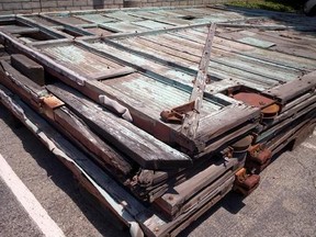 This May 23, 2017, photo shows part of the disassembled hangar facade that framed the opening scene of the 1942 film &ampquot;Casablanca,&ampquot; where it is stored in a parking lot at Van Nuys Airport in Los Angeles&#039; San Fernando Valley. Christine Dunn, who with her late husband recovered the hangar 10 years ago, told the Daily News on Sunday, May 28, that it&#039;ll be moved to Valley Relics Museum, home to many pop culture items. (David Crane/Los Angeles Daily News via AP)