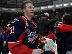 WINDSOR, ON - MAY 28: Defenceman Mikhail Sergachev #31 of the Windsor Spitfires celebrates winning the championship game of the Mastercard Memorial Cup against the Erie Otters 4-3 on May 28, 2017 at the WFCU Centre in Windsor, Ontario, Canada. (Photo by Dennis Pajot/Getty Images) ORG XMIT: 700003174