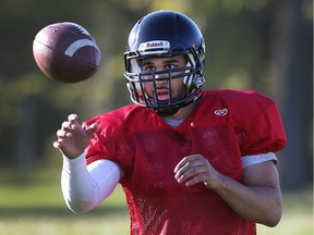 AKO Fratmen quarterback Brandon Reaume is shown during practice on May 8, 2017, at the Lajeunesse high school in Windsor, Ont.