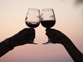 A man and woman toast with wine glasses during the 2009 Shores of Erie Wine Festival held at Fort Malden in Amherstburg on Sept. 10, 2009.