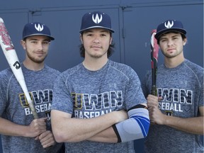 Members of the University of Windsor baseball team — centrefielder Adam Hyslop, 22, left, pitcher Noah Pickering, 20, and shortstop Adam Pickel, 20 — are shown on May 16, 2017.