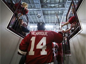 The CHL Alumni Game was held on Saturday, May 27, 2017, as part of the the 2017 MasterCard Memorial Cup festivities. The game featured an assortment of current and former professional players. Young fans greet Adam Henrique of the New Jersey Devils during the event.