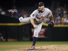 Detroit Tigers starting pitcher Justin Verlander (35) throws against the Arizona Diamondbacks during the third inning of a baseball game, Tuesday, May 9, 2017, in Phoenix.
