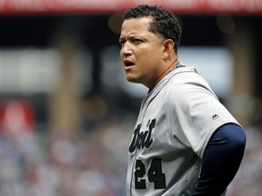 Miguel Cabrera #24 of the Detroit Tigers reacts after grounding out against the Chicago White Sox to end the fourth inning at Guaranteed Rate Field on May 28, 2017 in Chicago.