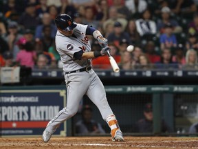 Jose Iglesias of the Detroit Tigers hits a home run in the ninth inning against the Houston Astros at Minute Maid Park on May 24, 2017 in Houston, Texas.