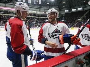 The CHL Alumni Game was held on Saturday, May 27, 2017, as part of the the 2017 MasterCard Memorial Cup festivities. The game featured an assortment of current and former professional players. Matt Martin, left, of the Toronto Maple Leafs and Josh Bailey of the New York Islanders chat before the start of the game.