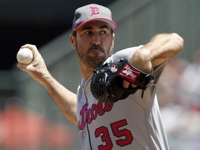 Detroit Tigers starting pitcher Justin Verlander throws to the plate against the Los Angeles Angels during the first inning on May 14, 2017 in Anaheim, Calif.