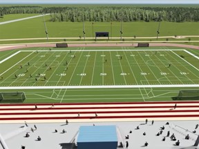 This screen grab from a promotional video shows a graphic rendition of the new Leamington District Secondary School field.