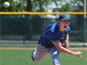 St. Annes Saints Curtis Zimmerman throws a pitch in a game against the Ross Royals during the OFSAA West Regional baseball championship at the Lacasse Park in Tecumseh, Ont., on May 31, 2017.