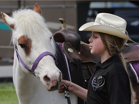 Ten-year-old Sheadan Kiss leads a horse Wednesday while the Off Kilter Equine Entertainment group helped raise money during McHappy Day. The Woodslee-based club brought horses of all sizes to the McDonald's location in LaSalle and collected money for the cause.