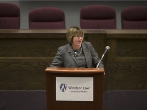 Anne McLellan, former deputy prime minister and attorney general of Canada, and who headed a national task force on legalization of cannabis, speaks at Moot Court during a University of Windsor law conference May 5,  2017.