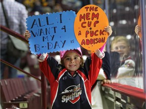 Windsor Spitfire fan Jocelyn Tellerd, 5, was ready for the Memorial Cup final on May 28, 2017, at the WFCU Centre in Windsor, Ont., against the Erie Otters. It's her birthday and she hoping for a win as a great birthday present.