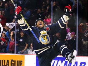 Jeremiah Addison of the Windsor Spitfires celebrates his first-period goal against the Saint John Sea Dogs in the 2017 Memorial Cup opener May 19, 2017, at the WFCU Centre in Windsor.