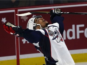 Jeremiah Addison of the Windsor Spitfires celebrates his third goal of the game against the Erie Otters at the Memorial Cup on May 24, 2017 at the WFCU Centre in Windsor, Ont.