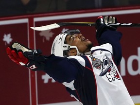 Jeremiah Addison of the Windsor Spitfires celebrates his third goal of the game against the Erie Otters on May 24, 2017, at the Memorial Cup tournament at the WFCU Centre in Windsor.