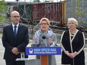 Ontario Premier Kathleen Wynne makes an announcement about high speed rail with London MPP Deb Matthews and transportation minister Steven Del Duca at the Carling Heights Optimist Centre in London, Ont., on May 19, 2017.