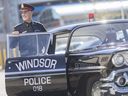 On Wednesday, May 3, 2017, Windsor Police Chief Al Frederick arrived at the Tsimchuk Museum in his 1958 Chevy Biscayne police car to unveil the 150 Years of Police Service exhibit.