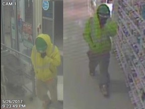 Security camera images of a man in construction gear who robbed a Windsor pharmacy of drugs on May 26, 2017.