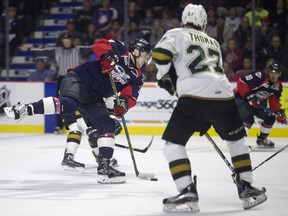 Windsor's Sean Day rips a shot on net in the second period of Game 6 between the Windsor Spitfires and the London Knights at the WFCU Centre on April 2, 2017.