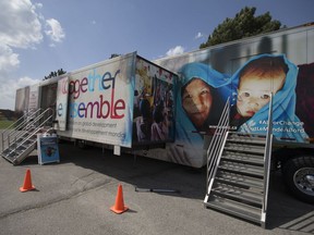 The 'Together' exhibit  inside an MRA Mobile Experiential truck at L'Essor high school on May 18, 2017.