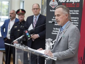 John Savage, event chair, 2017 Mastercard Memorial Cup Host Organizing Committee, speaks at a press event announcing details of the VIA Rail Safety Train program and Education Expo, a component of this year's Memorial Cup, while at the VIA Rail station May 18, 2017.