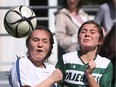 Katie Zuccato of Cardinal Carter, left, and Erika Boismier of Lajeunesse battle for the ball during their WECSSAA senior girls' A soccer championship game on May 15, 2017. Lajeunesse won the game 1-0 on a goal in injury time by Carly Hodgins. Goalie Sara Hamdan posted the shutout for Lajeunesse.