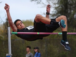 Andrew Russell of Kennedy competes in the seniors boys' high jump at the WECSSAA track and field championships at Sandwich Secondary School on May 9, 2017 in LaSalle.