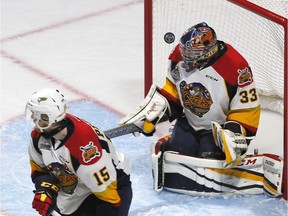 Erie Otters goaltender Troy Timpano stops a shot against the Seattle Thunderbirds in Game 2 of 2017 Memorial Cup action at the WFCU Centre on May 20, 2017.