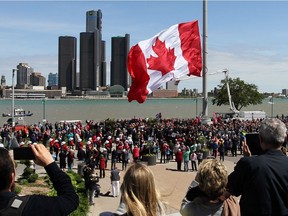 Windsor's Great Canadian Flag on its way up its 150-foot pole on May 20, 2017.