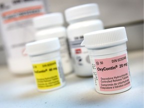 A display of opioid pharmaceuticals drugs is shown on March 6, 2009.
