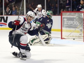 Windsor Spitfires Julius Nattinen celebrates a first period goal against the Seattle Thunderbirds during the Memorial Cup round robin game at the WFCU Centre in Windsor on May 21, 2017.