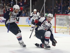 Windsor Spitfires Julius Nattinen celebrates a first-period goal against the Seattle Thunderbirds during a Memorial Cup round-robin game at the WFCU Centre in Windsor, Ont., on May 21, 2017.