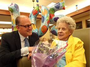 Windsor Mayor Drew Dilkens visited Madelynn Babilo, right, at The Village at St. Clair on May 25, 2017 to celebrate her 105th birthday.