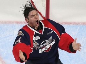 Windsor Spitfires goaltender Michael DiPietro celebrates his team winning the Memorial Cup on May 28, 2017 at the WFCU Centre in Windsor, Ont.