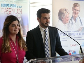 Dr. Sam Ladeia, left, the new fracture prevention co-ordinator at Windsor Regional Hospital, and orthopedic surgeon Dr. Tom Trajkovski discuss a partnership with Osteoporosis Canada to better screen patients for osteoporosis on May 31, 2017.