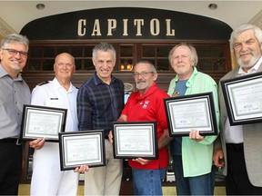 The WindsorEssex Community Foundation announces second round of grant recipients for Community Fund for Canada's 150th Grant Program at Capitol Theatre Monday June 12, 2017. In photo, David Lozinsky, left, Town of Tecumseh, Ron Sitarz, Royal Canadian Navy Association, Robert Franz, Windsor Symphony Orchestra, Don Guthrie, Harrow and Colchester South Chamber of Commerce, Paul Pratt, Essex County Field Naturalists' Club and Warden Tom Bain, right, Corporaton of the County of Essex pose at Capitol Theatre.  A grant was also given to the University of Windsor's "Digging and Imag(in)ing Windsor-Essex History: 150 years and beyond."