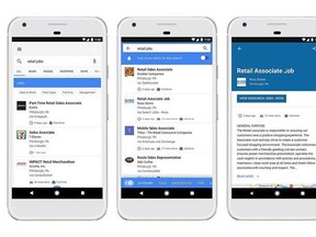 This image provided by Google shows examples of help-wanted listings displayed on a smartphone. Google is trying to turn its search engine into an employment engine. Beginning Tuesday, June 20, 2017, job hunters will be able to go to Google and see help-wanted listings that its search engine is collecting across the internet. Google will also show employer ratings from current and former workers, as well as typical commute times to where a job is located. It‚Äôs a departure from the the bare-bon