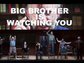 This image released by DKC/O&M shows the cast of Broadway&#039;s &ampquot;1984,&ampquot; based on George Orwell&#039;s book, at the Hudson Theatre in New York. Richard Blair, whose father finished the book in 1949 when he was a young boy, was in New York on Thursday to cheer on the cast amid a huge jump in interest of his father‚Äôs nightmarish vision of the future. (Julieta Cervantes/DKC/O&M via AP)