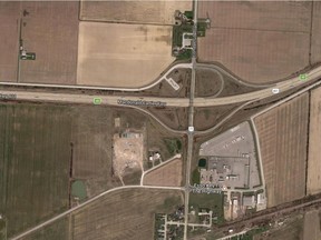 Google satellite view of Hwy 401 at Hwy 77 in Comber.