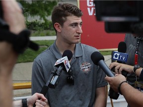 Gabriel Vilardi talks to the media during the 2017 NHL Draft top prospects media availability on the Bright Star Boat on the Chicago River on June 22, 2017 in Chicago, Illinois.