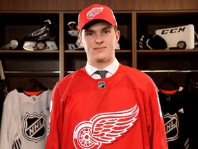 CHICAGO, IL - JUNE 23:  Michael Rasmussen poses for a portrait after being selected ninth overall by the Detroit Red Wings during the 2017 NHL Draft at the United Center on June 23, 2017 in Chicago, Illinois.