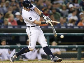 James McCann of the Detroit Tigers breaks his bat hitting a single against the Kansas City Royals during the sixth inning at Comerica Park on June 27, 2017 in Detroit.